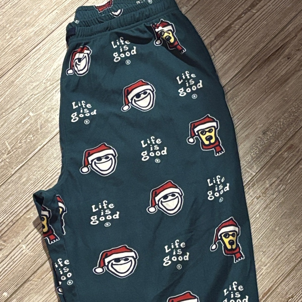 Life Is Good Men's Pajama Pants  - Dark Green with‎ Santa and Dog Faces